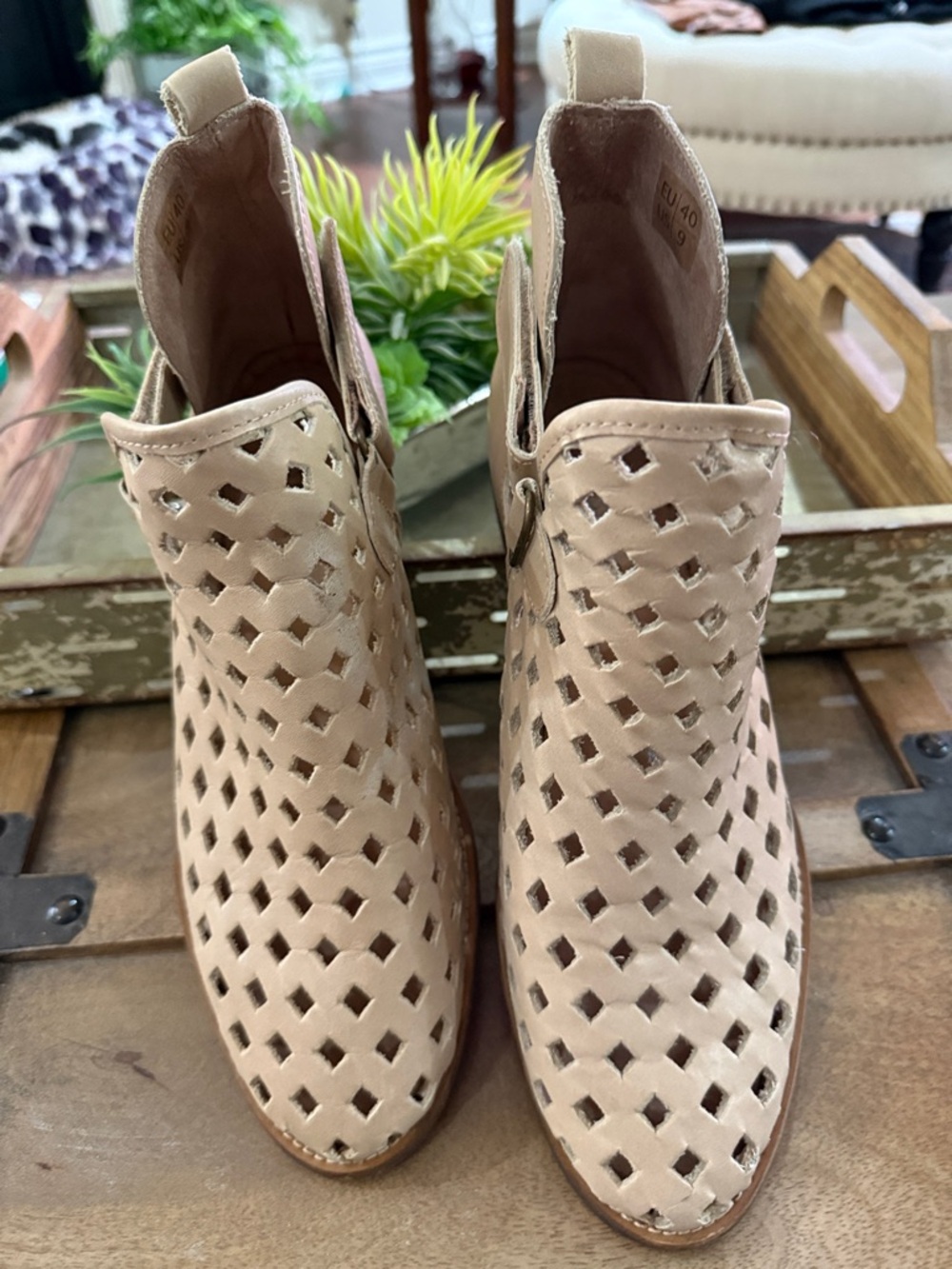 Beige Perforated Ankle Booties with Side Zip